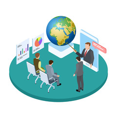 Save the planet isometric concept. Lecture or conference on the earth ecology vector illustration. Conference about planet, presentation report environmental