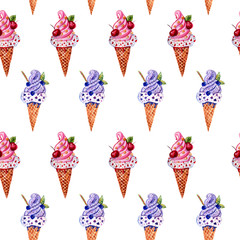 Seamless watercolor pattern with ice cream. Isolated on white background. Hand painted