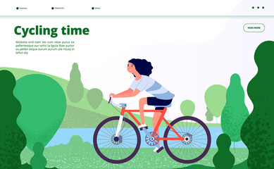 Sports landing. Woman cycling, fitness sport exercises. Person riding bicycle in forest park, enjoy healthy lifestyle web vector page. Woman ride by bicycl in park near lake illustration