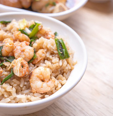 Braised shrimp over rice - Taiwan famous traditional street food. Soy-stewed prawn on cooked rice. Travel concept, top view, copy space, close up