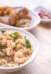 Braised shrimp over rice - Taiwan famous traditional street food. Soy-stewed prawn on cooked rice. Travel concept, top view, copy space, close up