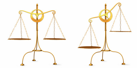 3D illustration of an old fashioned scale (balanced and imbalanced) against a white background....