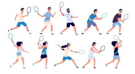 Tennis players. Man and woman holding racket and hitting ball playing tennis. Isolated cartoon vector characters set. Illustration of player tennis with racket, play sport activity