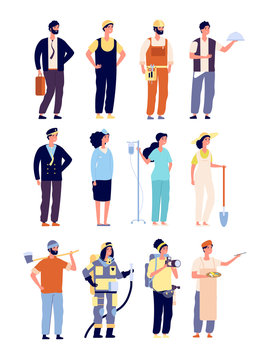 Professionals characters. policeman and fireman, doctor and stewardess, artist and musician, builder. labor Day vector characters. Illustration of doctor and photographer, builder and business man