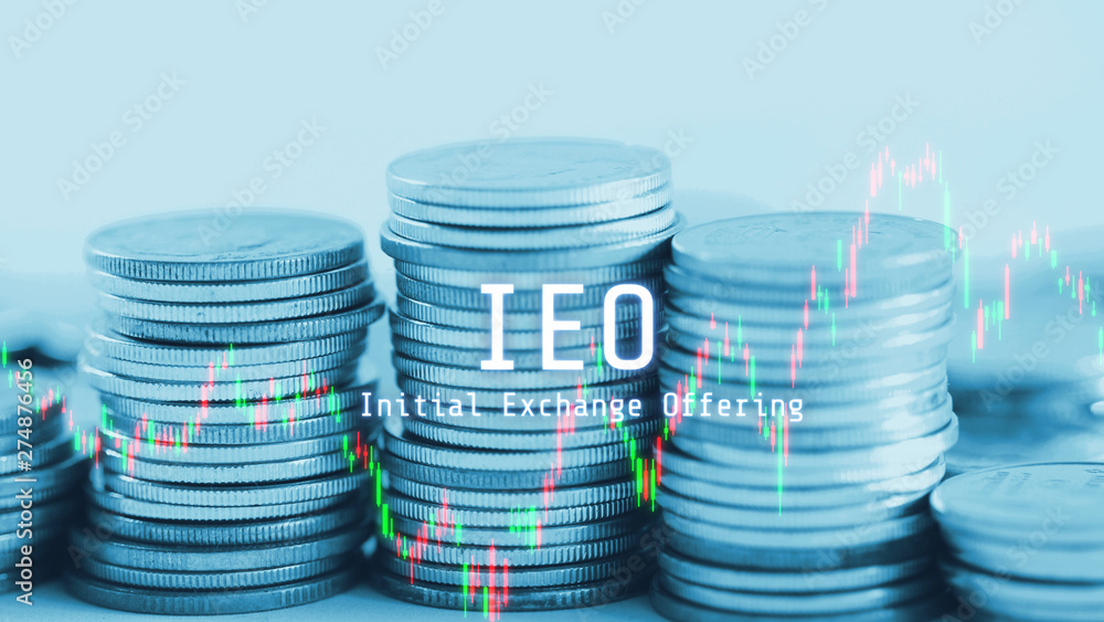 Poster 3d rendering of ieo text (initial exchange offering) and technical candle stick bar charts overlay o