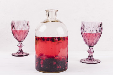 Wine glasses with drink and compote