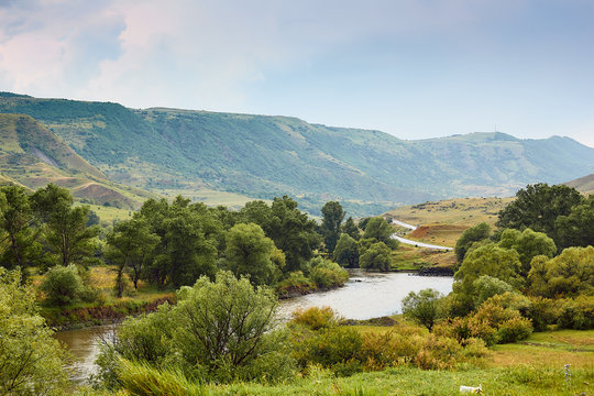 river in the valley, Natural landscapes in the mountains of Georgia , clean air, good ecology, tourist attraction