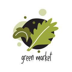 Vector flat illustration of green leafs and text Green market. Logo concept for eco market. Healthy lifestyle.