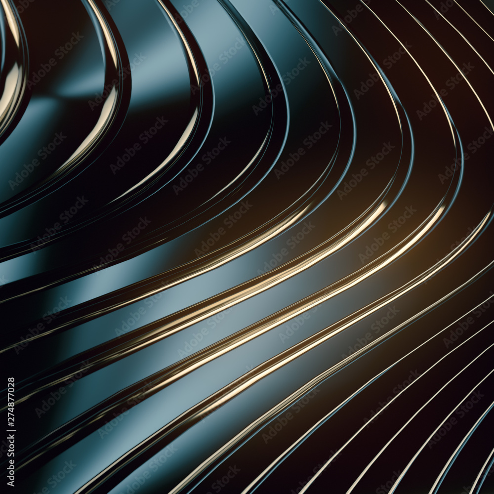 Poster Wave band abstract background. Bright colored reflections on dark metallic surface. 3d rendering