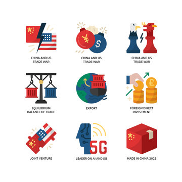 China And US Trade War Icon Set