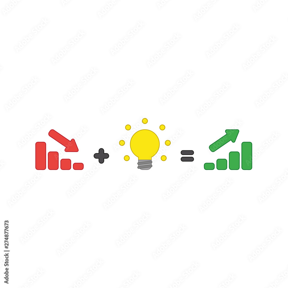 Poster vector icon concept of sales bar chart moving down plus glowing light bulb idea equals sales bar cha