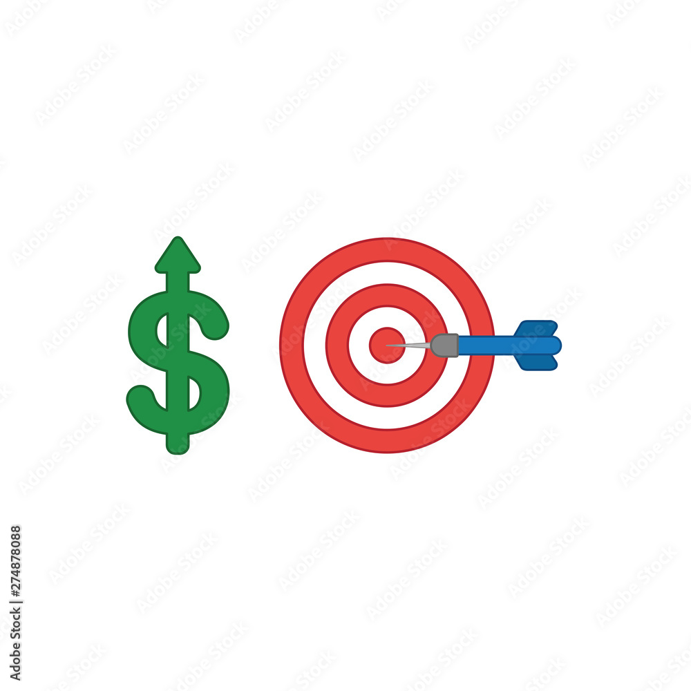 Aufkleber vector icon concept of dollar symbol with arrow moving up and bulls eye with dart in the center.
