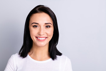 Fototapeta premium Close up photo beautiful amazing she her lady ideal plump lips sincere kind self-confident easy-going listening great good news wear casual white t-shirt isolated bright grey background