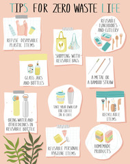 Mood board with tips for zero waste life on stickers.