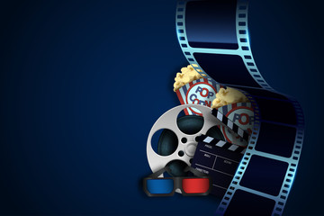 Film reel, clapper board, 3d cinema glasses, popcorn and twisted cinema tape isolated on blue background. Movie poster template with sample text for cinema design. Cinematography concept. Vector illus