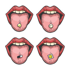 Tongue with drug narcotic pill and LSD stamp color sketch engraving vector illustration. Scratch board style imitation. Black and white hand drawn image.