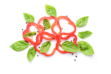 Fresh basil, pepper and spices on white background