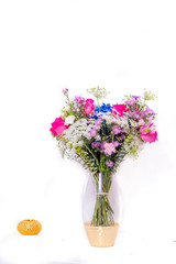 Floral arrangement with roses, carnations, blue hydrangea, snowflake, roses, carnations, blue hydrangea, snowflake