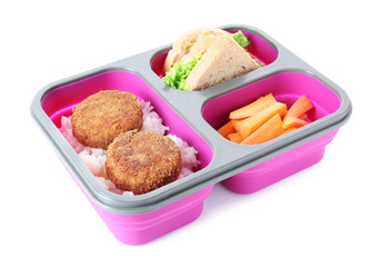 Lunch box with tasty food on white background