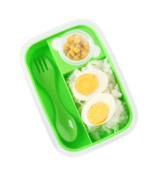 Lunch box with tasty food on white background