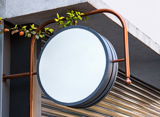 signboard mockup and template empty frame for logo or text on exterior street advertising city shop background, modern flat style