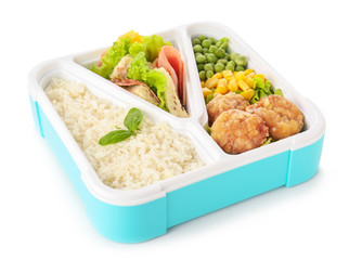 School lunch box with tasty food on white background