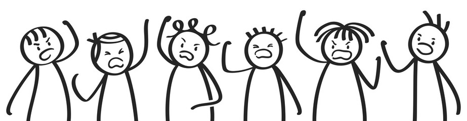 Angry men protesting, stick figures