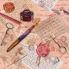 Vintage aged paper with hand written notes, keys, writing tools, postal stamps. Repeating pattern