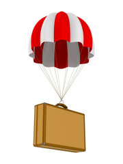 travel bag and parachute on white background. Isolated 3D illustration