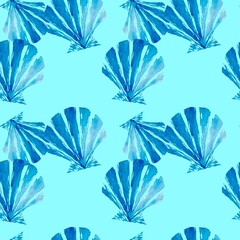 Watercolor seamless pattern with blue sea shell. Seafood watercolor background. Sea shell illustration