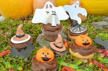 Happy Halloween Cupcakes.Halloween cookies.Composition for Halloween with sweets..Pumpkin, ghost, spider, gloom, moss, party, birthday