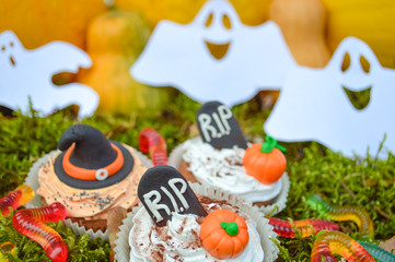 Happy Halloween Cupcakes.Halloween cookies.Composition for Halloween with sweets..Pumpkin, ghost, spider, gloom, moss, party, birthday