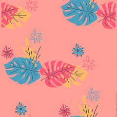 Seamless pattern with tropical leaves. Hand drawn summer print.