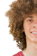 split in half cropped portrait of a young curly European man with long curly hair and a dreamy...