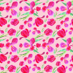 pink tulips with leaves. Seamless pattern. Texture for print, fabric, textile, wallpaper. Hand drawn watercolor illustration on pink