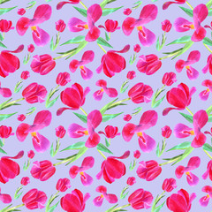 pink tulips with leaves. Seamless pattern. Texture for print, fabric, textile, wallpaper. Hand drawn watercolor illustration on purple