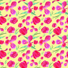 pink tulips with leaves. Seamless pattern. Texture for print, fabric, textile, wallpaper. Hand drawn watercolor illustration on yellow