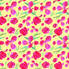 pink tulips with leaves. Seamless pattern. Texture for print, fabric, textile, wallpaper. Hand drawn watercolor illustration on yellow