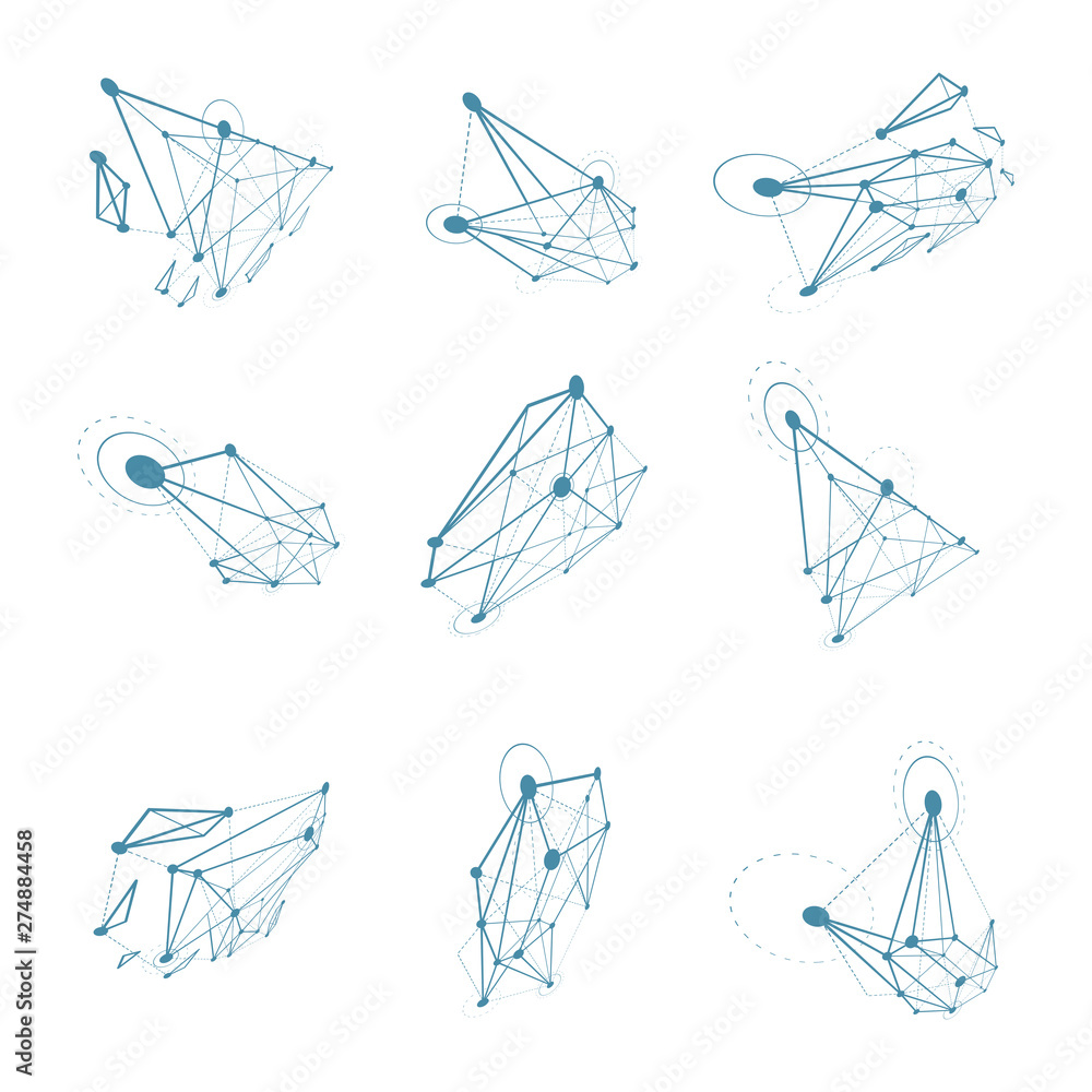 Poster 3d vector digital polygonal wireframe objects. low poly shapes collection, lattice forms for use in 