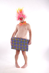 Bearded clown with a gift.