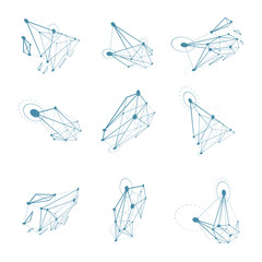 3d vector digital polygonal wireframe objects. Low poly shapes collection, lattice forms for use in web design. Innovation technologies abstract illustrations.