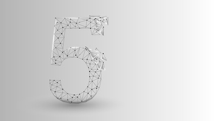 number five 2D low poly abstract illustration consisting of points, lines, and shapes in the form of planets, stars and the universe.Origami Raster digit 5 wireframe concept.
