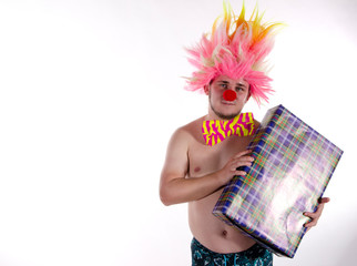 Bearded clown with a gift.
