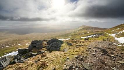 Fototapeta na wymiar A path leading to the summit of Ingleborough, part of the Three Peaks in the Yorkshire Dales.