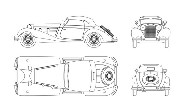Outline blueprint of retro car on white background. Vintage cabriolet. Front, side, top and back view. Industrial isolated drawing