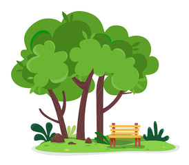 A cozy place to relax with a bench in nature among the trees. Vector illustration in flat style on a white background.