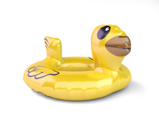 Yellow rubber duck swimming circle 3d render on white