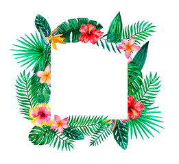Watercolor tropical floral  border frame for wedding, anniversary, birthday, invitations, cards, dates, etc. Save the date!