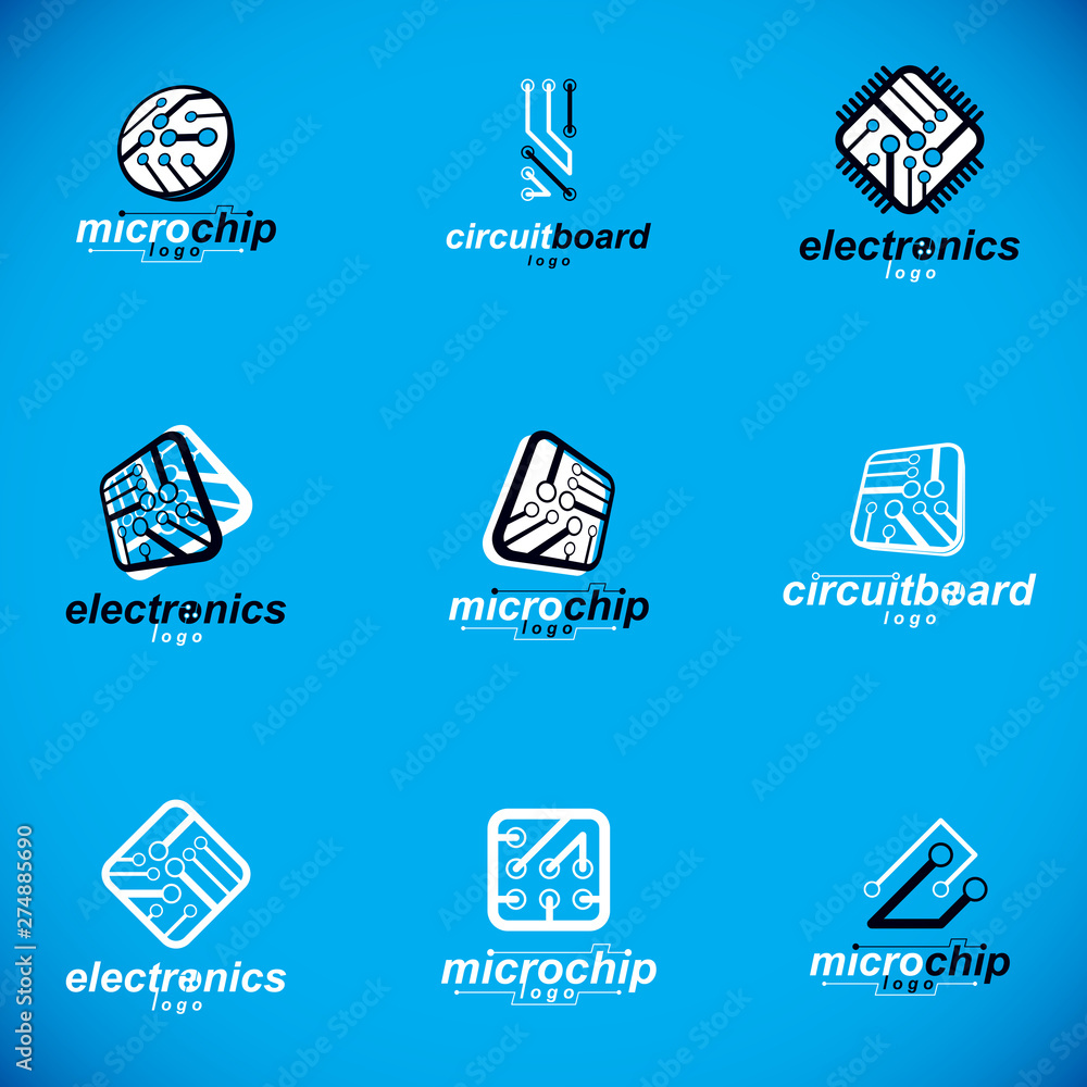 Poster technology innovation logos. set of vector abstract computer circuit board, technology elements with