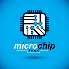 Vector technology cpu design with square microprocessor scheme. Computer circuit board, digital element. Technology microchip logo.